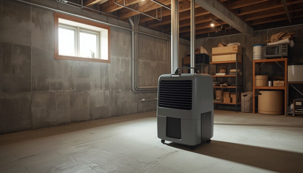 Portable basement dehumidifier operating in a residential basement