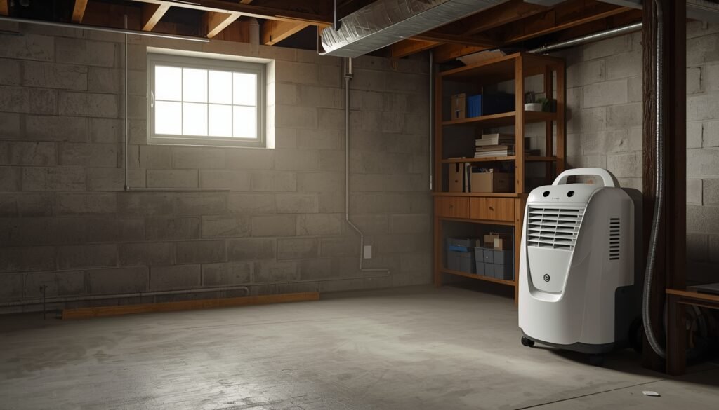Basement dehumidifier in a below-ground residential basement