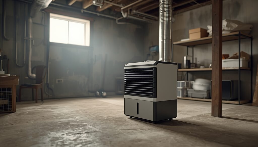 Basement dehumidifier positioned in a residential basement to control moisture