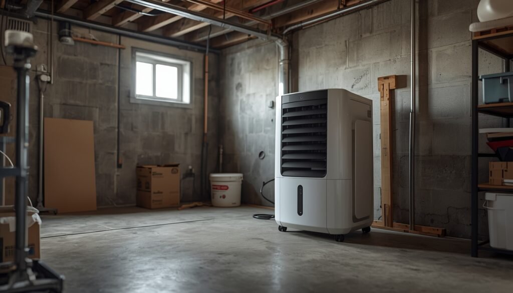 Portable dehumidifier placed in an unfinished residential basement